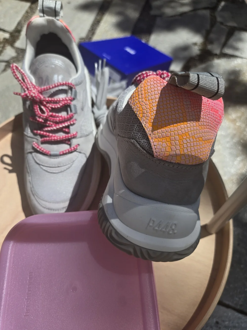 P448 Women's Luke Sneaker — Gray with Pink Accent.